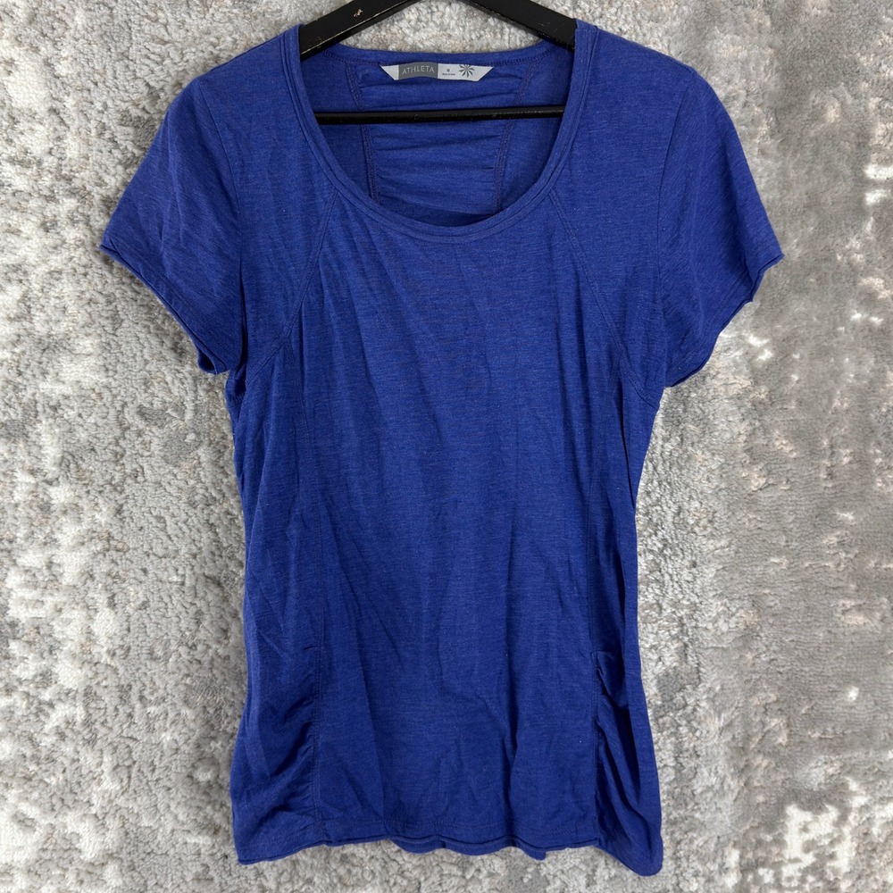 Athleta Size M Ruched Back Yoga Workout T-Shirt Blue Short Sleeve Women